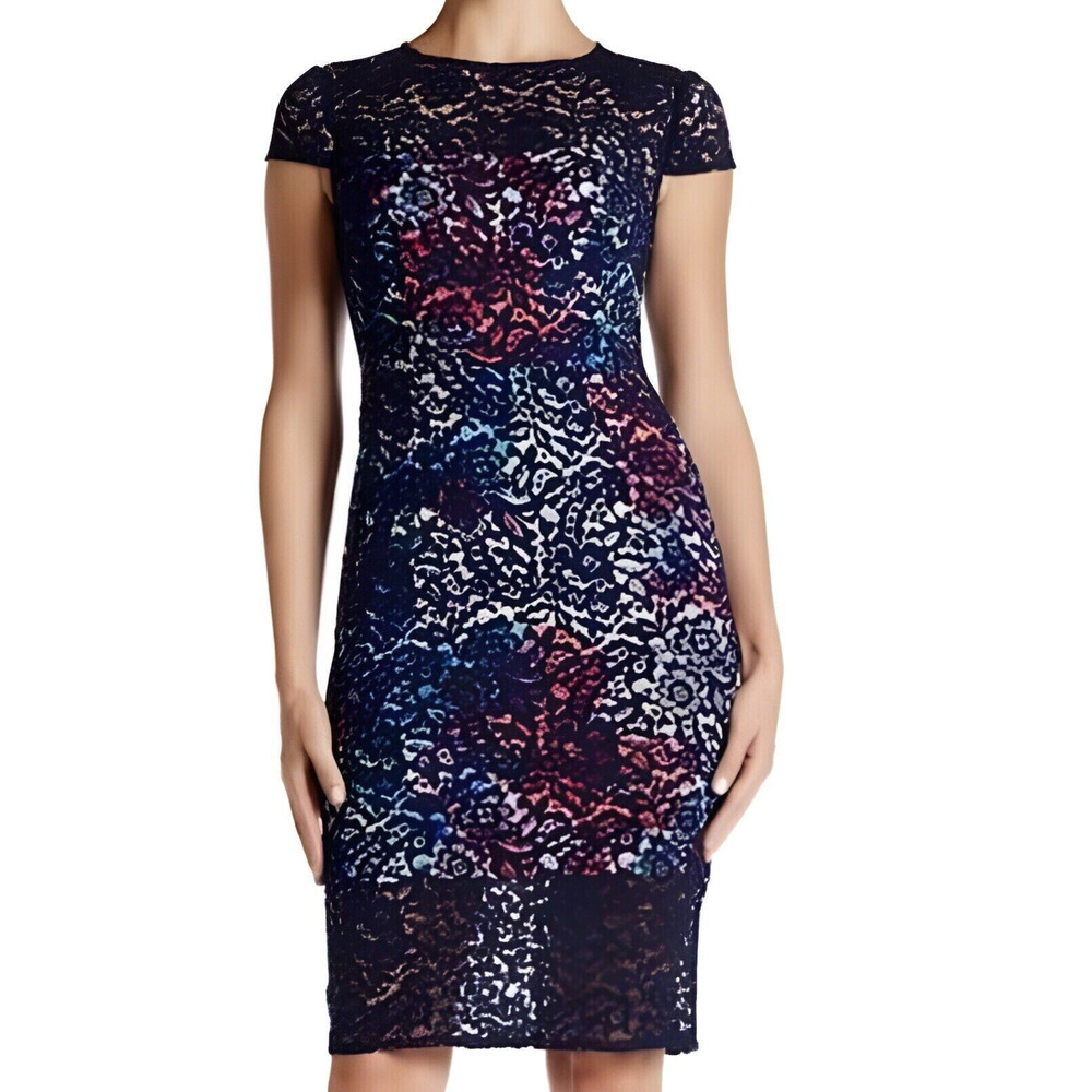 NWT Betsey Johnson Lace Overlay Floral Sheath Dress Navy Floral Women's Size 8 - Picture 1 of 13